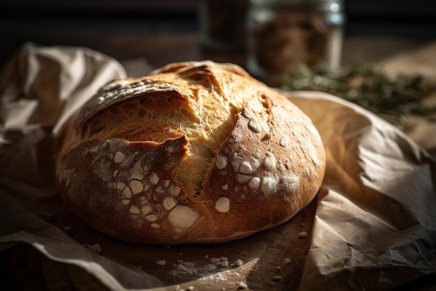 A loaf of bread on a table with a jar of rosemary on the side.