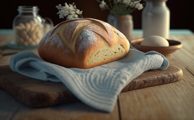 A loaf of bread on a table with a white towel. handmade bread. ai generated