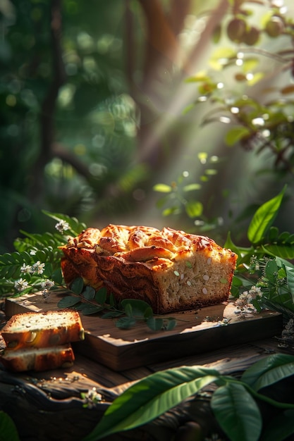 Loaf of bread on a table in the woods