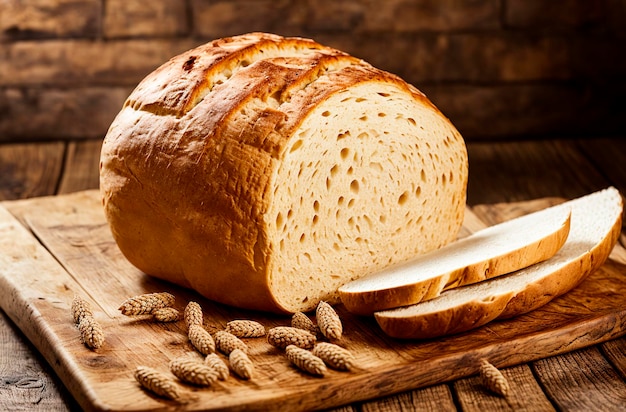 木製の生成 AI 上のパンと小麦