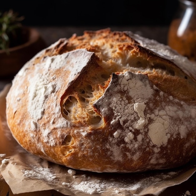 A loaf of bread with a crusty crust and a small jar of olive oil.