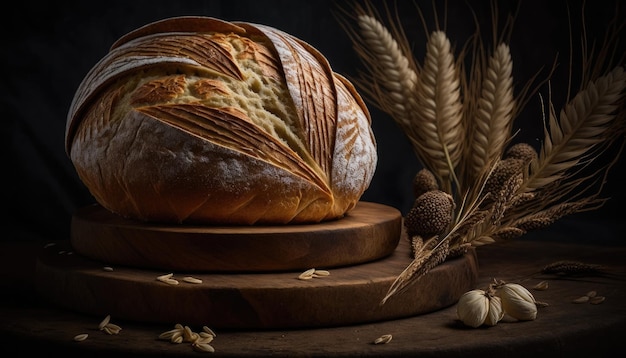 A loaf of bread with a few grains on it