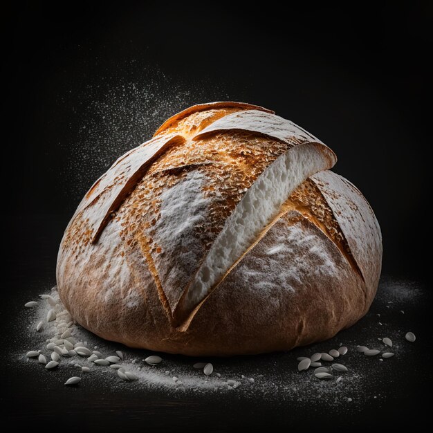 A loaf of bread with flour on it and the word bread on the bottom.