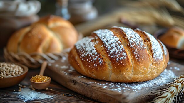 A loaf of bread with a flower in the background