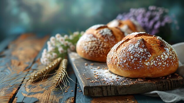 A loaf of bread with a flower in the background