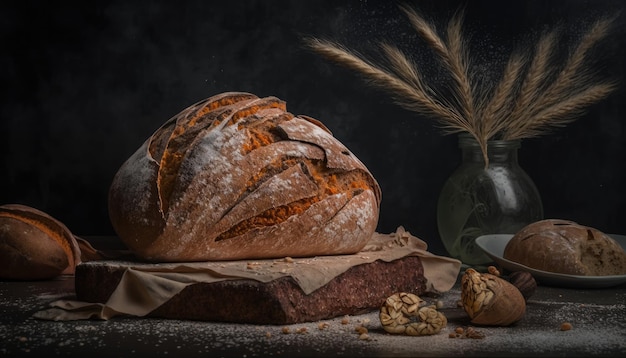 A loaf of bread with a green plant in the background