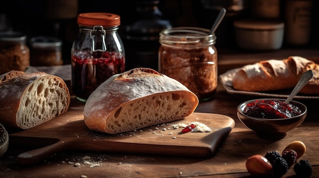 A loaf of bread with a jar of jam on the table