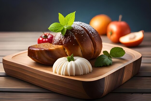 A loaf of bread with a piece of bread and a piece of bread with a sprig of mint on it.