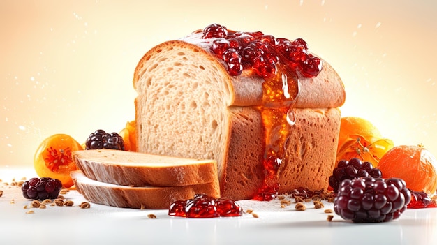 a loaf of bread with raspberries and a spoon on a plate