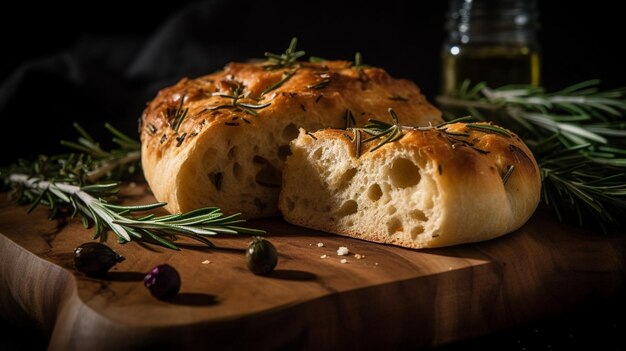 A loaf of bread with rosemary on it