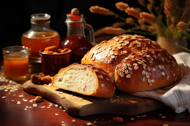 a loaf of bread with sesame seeds on a wooden table