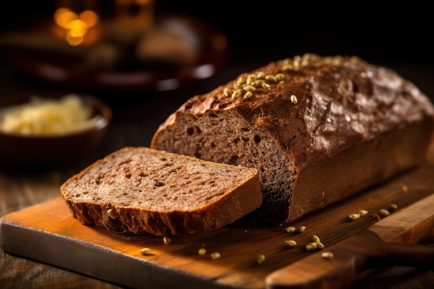 A loaf of bread with a slice cut out of it