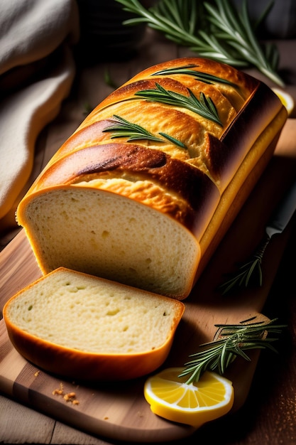 Photo a loaf of bread with a slice cut out of it.