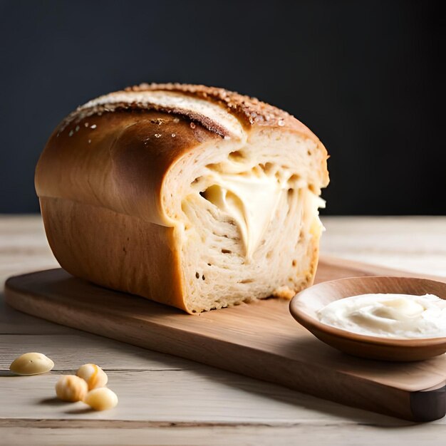 A loaf of bread with a small bowl of cream on it