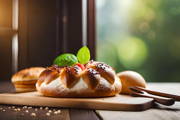 A loaf of bread with a spoon and a knife on a wooden table.