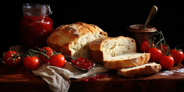 A loaf of bread with tomatoes and a jar of jam