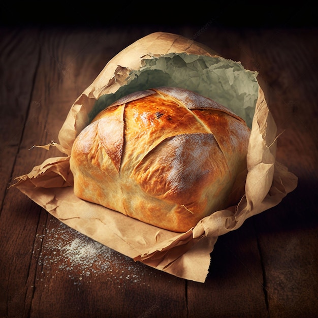 A loaf of bread with the word " on it " on a brown paper bag.