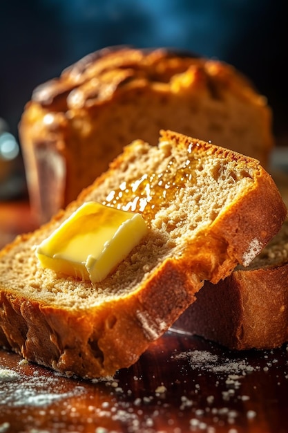 A loaf of bread with a yellow butter on it and honey dripping down the side