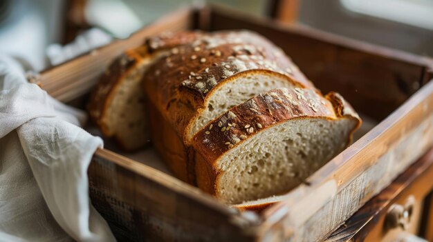 A loaf of bread in a wooden crate