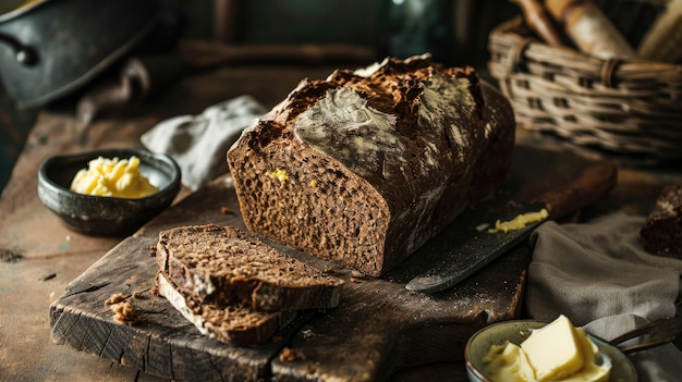 Loaf of Bread on Wooden Cutting Board Freshly Baked Artisan Food Photo