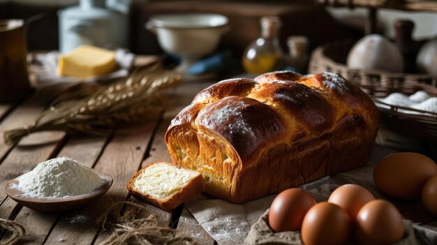 Loaf of Bread on Wooden Table Freshly Baked and Ready to Enjoy