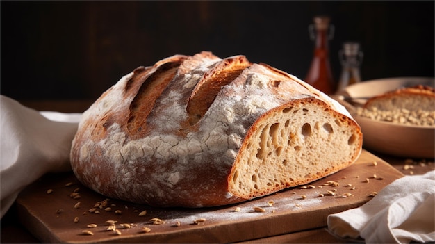 A loaf of bread on a wooden table