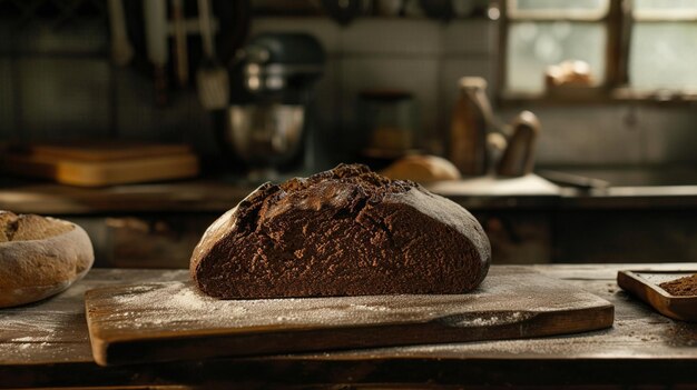 A loaf of dense hearty Rye Bread cut open to reveal its dark textured interior served on a cutting board The scene set in a rustic kitchen