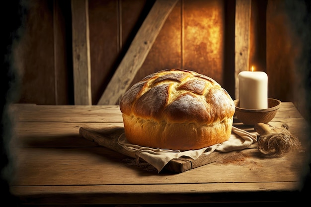 Loaf of fresh homemade bread on wooden table