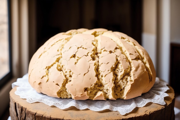 A loaf of irish soda bread on a wooden table.