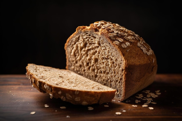 A loaf of oatmeal bread is cut into slices.