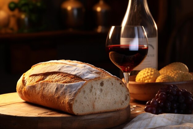 Фото Хлеб рядом со стаканом вина.