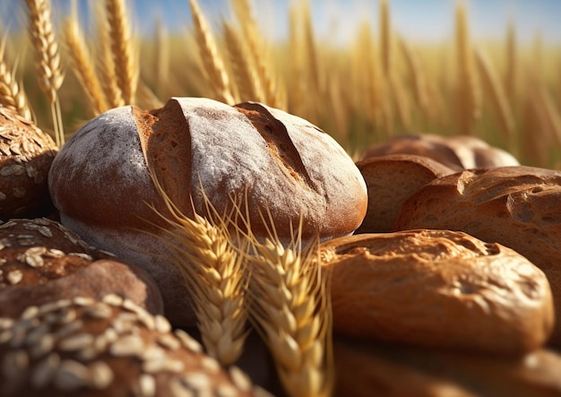 Фото Хлеб из свежевыпеченного ржаного хлеба со спикой и ржаным полем на фонеai generative
