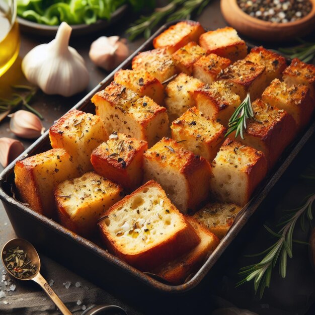 A loaf of roasted garlic and rosemary bread cut into cubes