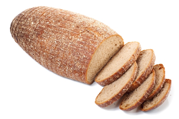 Photo loaf and slices of whole wheat bread isolated on white background