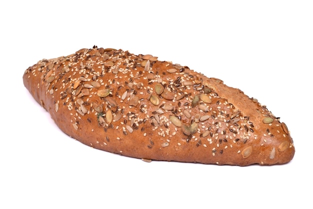 A loaf of white bread with seeds on a neutral white background