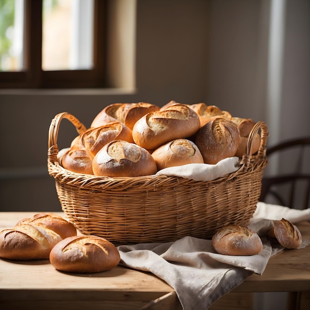 Буханки хлеба в корзине на столе