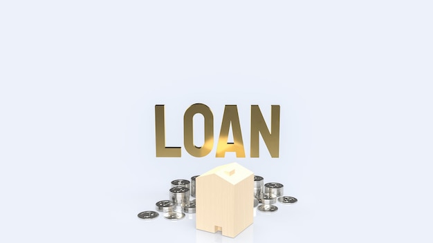 The loan text gold coins and wood house on white background for business concept 3d