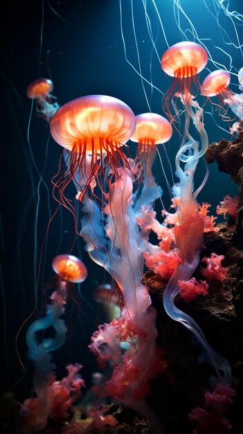 loating jellyfish on black background in the style of dark cyan and light amber