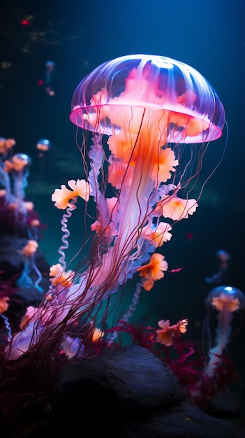 loating jellyfish on black background in the style of dark cyan and light amber