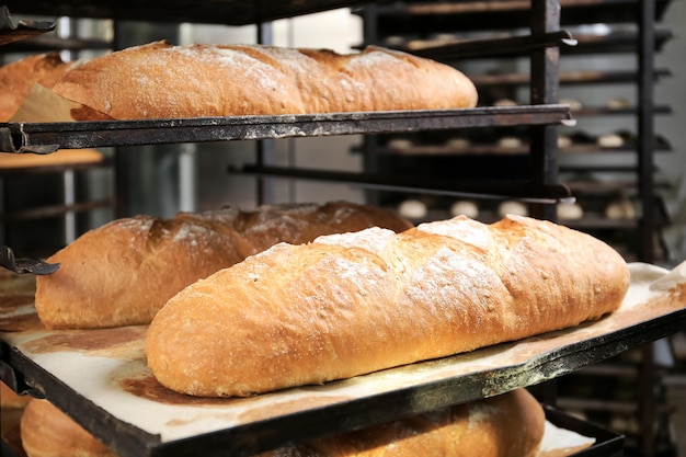 Loaves of bread on shelving in bakery