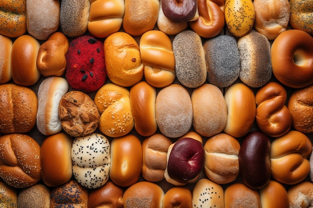 loaves of colorful and flavorful breads including bagels and buns