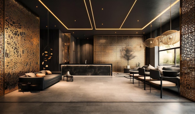 A lobby area is decorated with gold and black elements