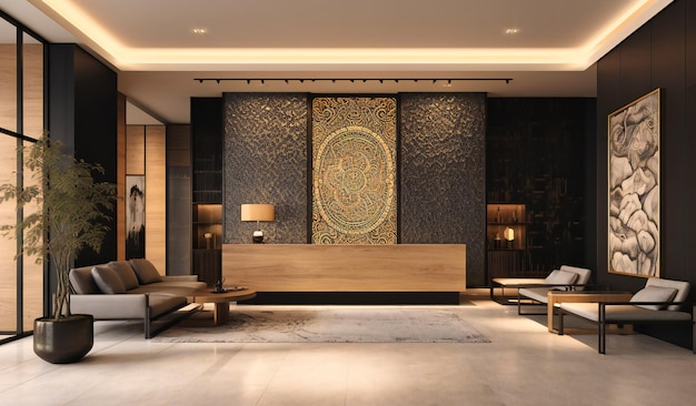 A lobby area is decorated with gold and black elements