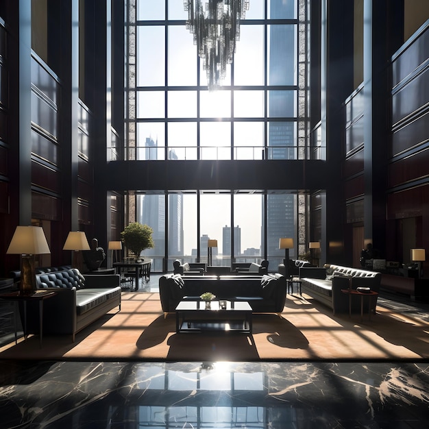 a lobby of a high rise building