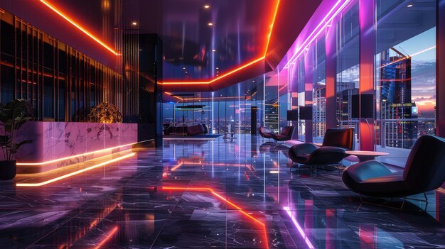 the lobby of the hotel is illuminated by neon lights