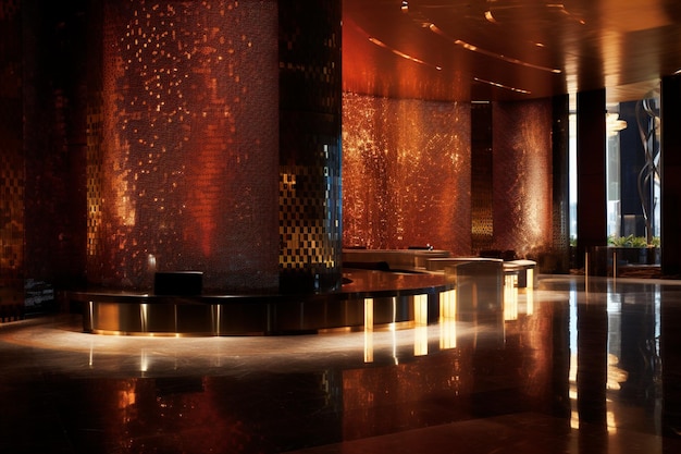 The lobby of a hotel with a reception desk and a wall of lights