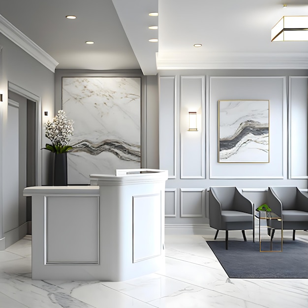 A lobby with a large white reception desk and a black and white wall art.