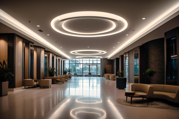 Lobby with open walkway and lamp light