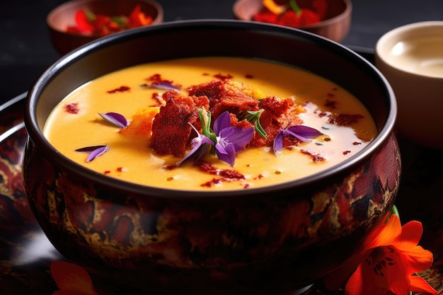 Lobster bisque in a bowl with garnish created with generative ai