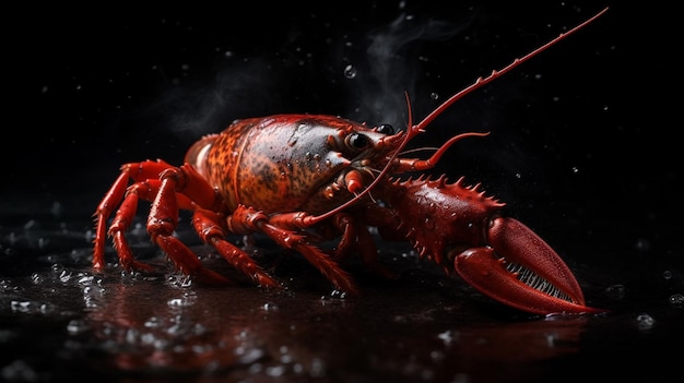 Lobster on a black background with drops of water Macrogenerative ai
